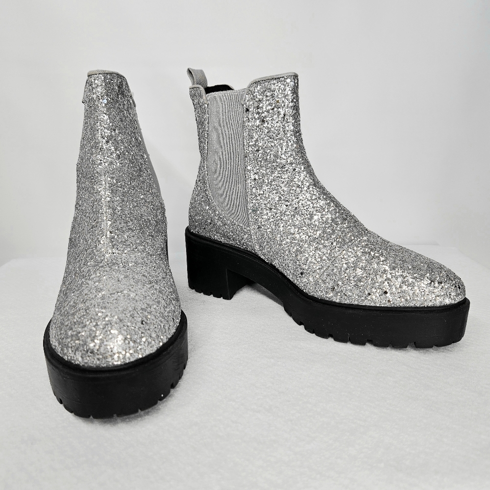 Asos UK 6 (US 8) Cheksea Boots Booties Silver Glitter Chunky Rugged Bottom Punk